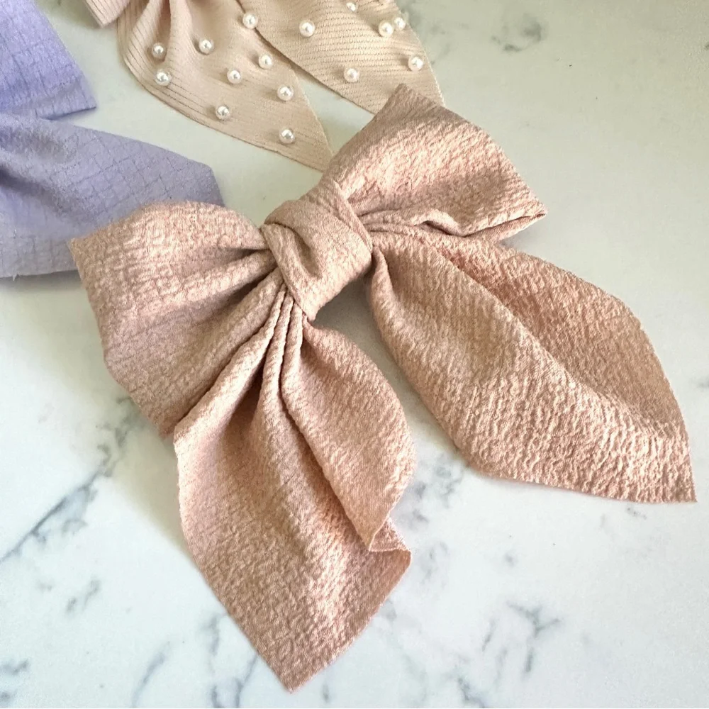 3/$22🩶 Blush Lilac Beige Faux Pearl Bow Barrette Hair Bow Accessories NEW